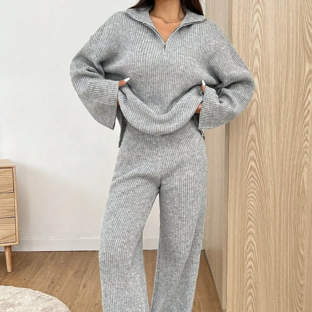 Grey Casual Zipper Half Placket Dropped Shoulder Long Sleeve Sweater & Pant set